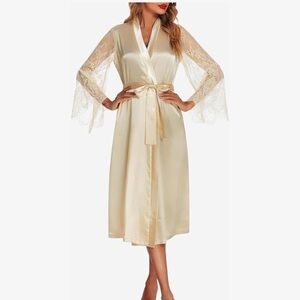 Avidlove White Satin Lace Kimono Robe XXL Bridal Getting Ready Robe Long Sleeve